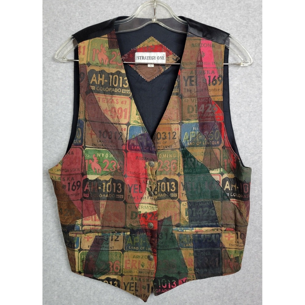 Strategy One‎ Vintage License Plate Patchwork Leather Vest Western Womens Large